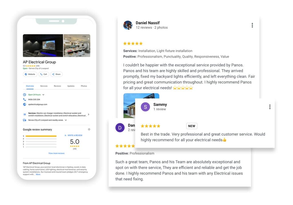 Screenshot of AP Electrical Group's Google Business Profile, featuring customer reviews and a full 5.0-star rating. Local electrician with excellent customer feedback.